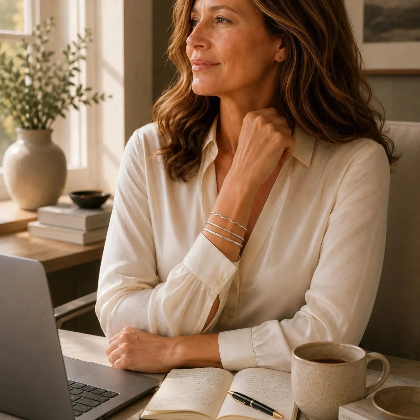 Woman wearing the Lilith handcrafted sterling silver bangles while working in an elegant home office, illustrating refined professional everyday style.
