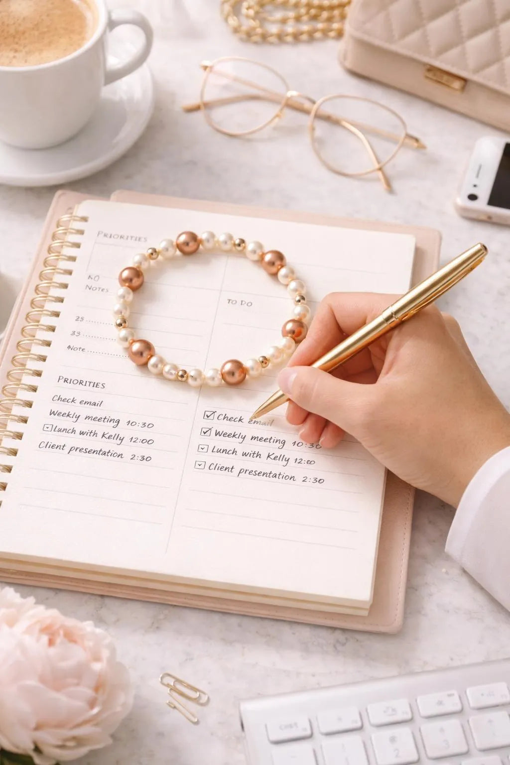 Meli pearl bracelet styled for refined everyday wear in a polished professional setting