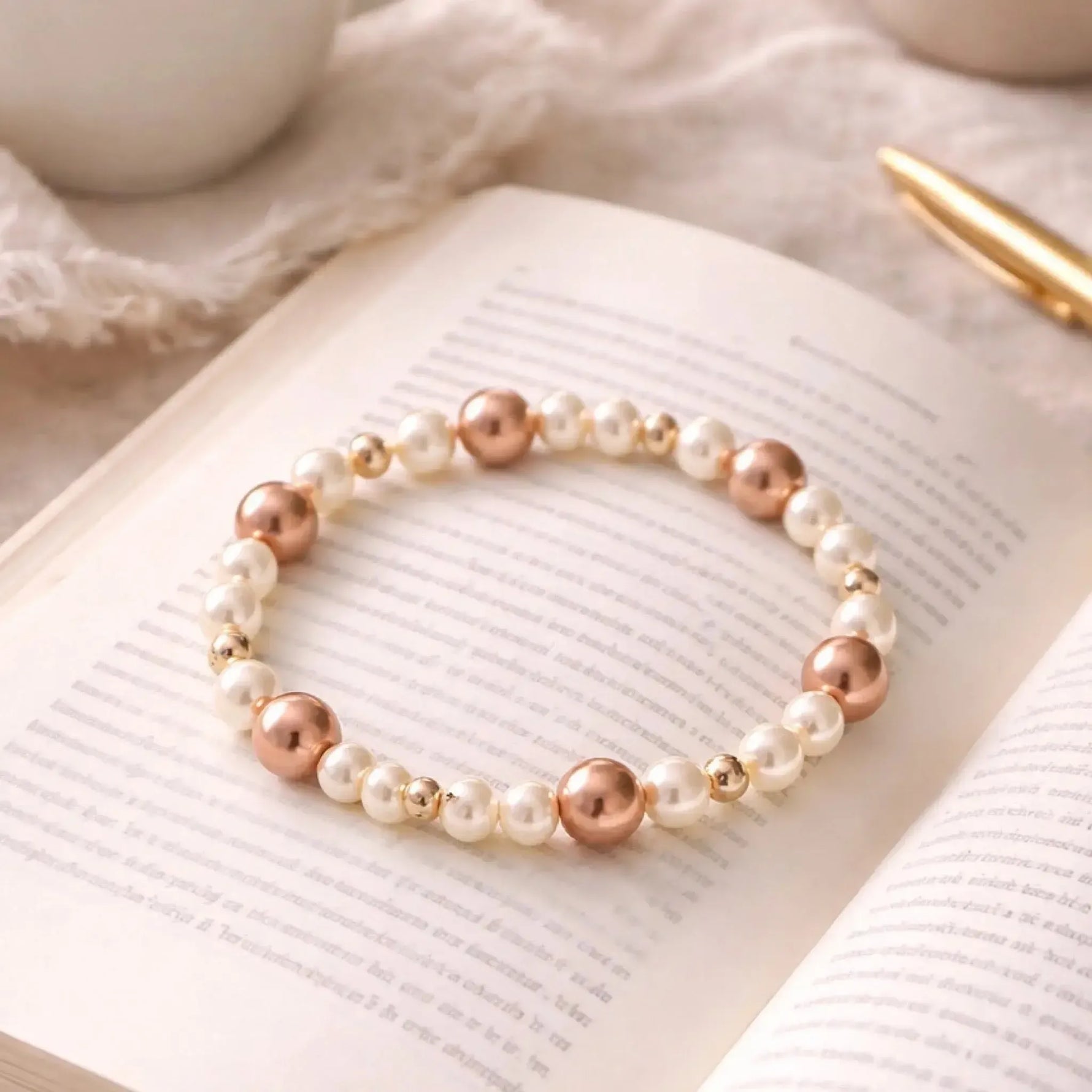 Meli Swarovski® Crystal Pearl Bracelet resting on an open book, showcasing cream and rose gold Swarovski® Crystal Pearls in a softly styled lifestyle setting.