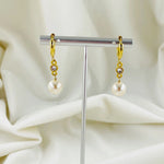 Pearl drop earrings with gold huggie setting and crystal accents, timeless pearl earrings for weddings and everyday elegance