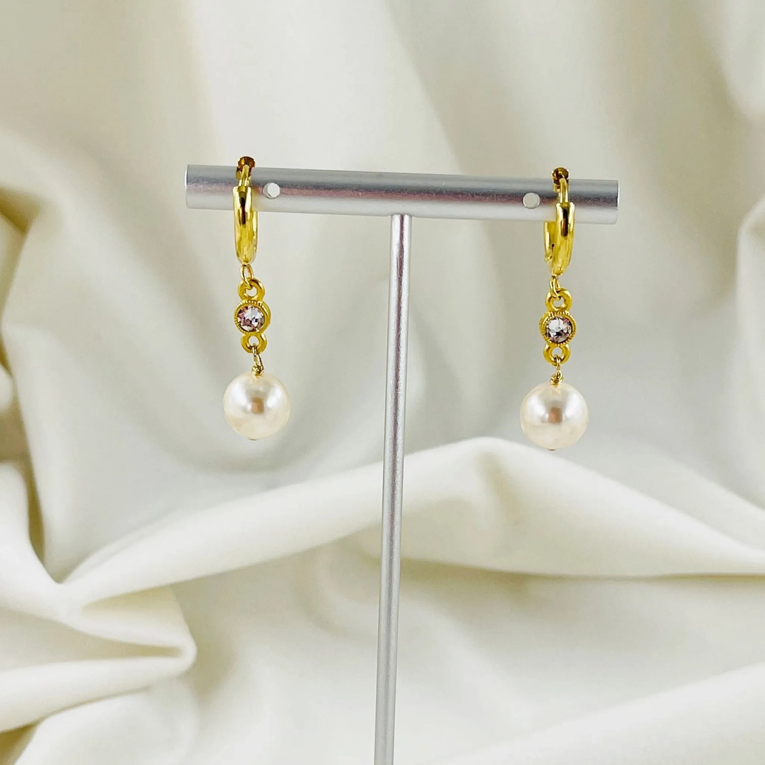 Pearl drop earrings with gold huggie setting and crystal accents, timeless pearl earrings for weddings and everyday elegance