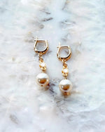 Gold huggie pearl earrings with European crystal pearls, handcrafted pearl drop earrings for women, elegant bridal pearl earrings