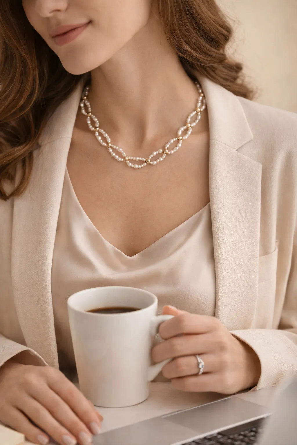 Woman wearing freshwater pearl necklace with gold accents styled with ivory blazer and silk top, elegant everyday jewelry for work and professional wear.