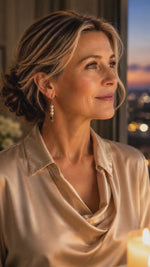 Model wearing Serenity pearl drop earrings in an elegant evening setting.
