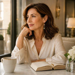 Woman wearing Quianna handcrafted lucky jade earrings in an elegant boutique hotel setting, showcasing timeless sophistication and quiet luxury.