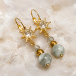 Macro close-up of Quianna handcrafted earrings highlighting the crystal starburst, Austrian crystal, green tourmalinated quartz, gold-plated accents, and genuine lucky jade gemstone craftsmanship.