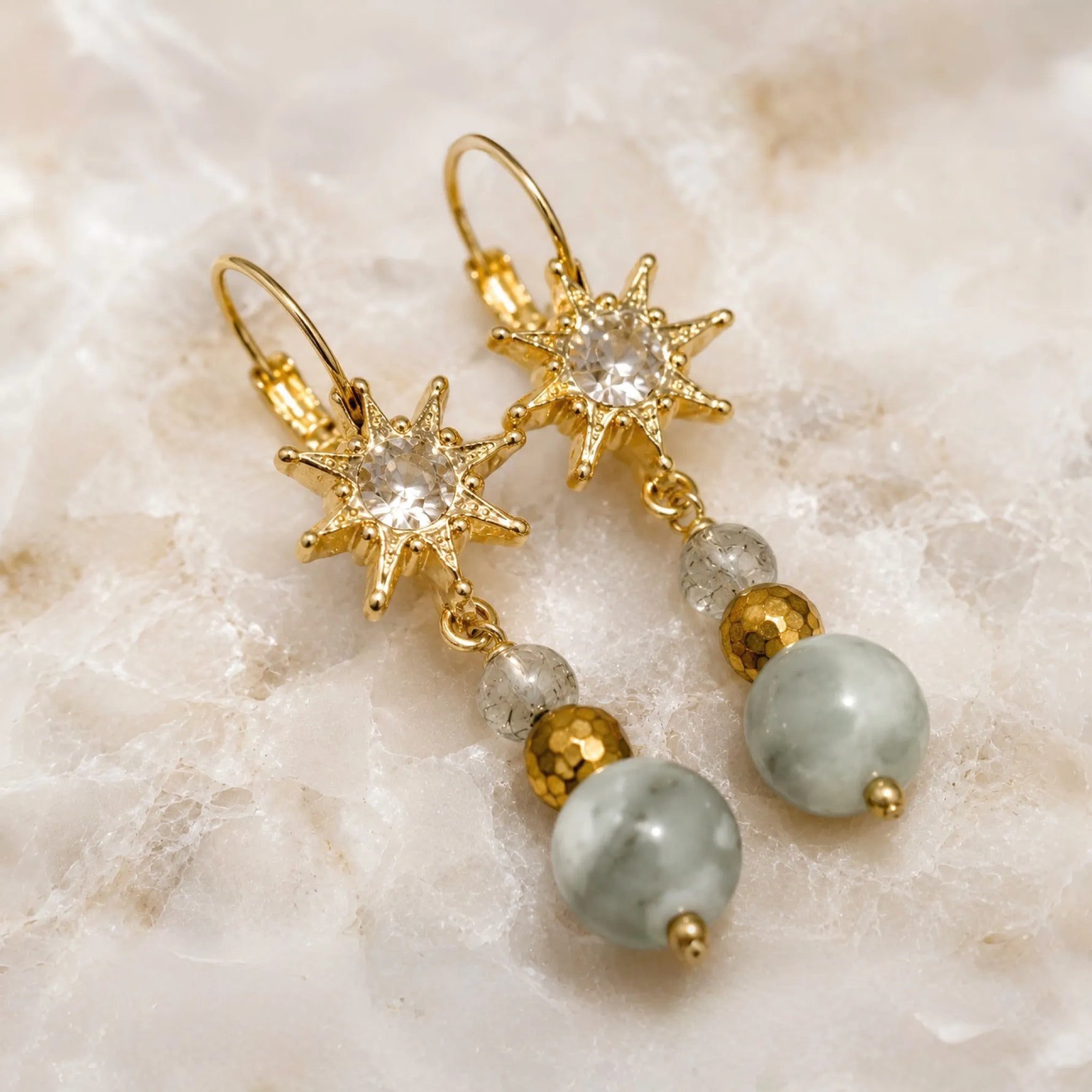 Macro close-up of Quianna handcrafted earrings highlighting the crystal starburst, Austrian crystal, green tourmalinated quartz, gold-plated accents, and genuine lucky jade gemstone craftsmanship.