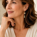 Woman wearing Quianna handcrafted lucky jade drop earrings with green tourmalinated quartz and Austrian crystal, showing the elegant length and refined everyday style.