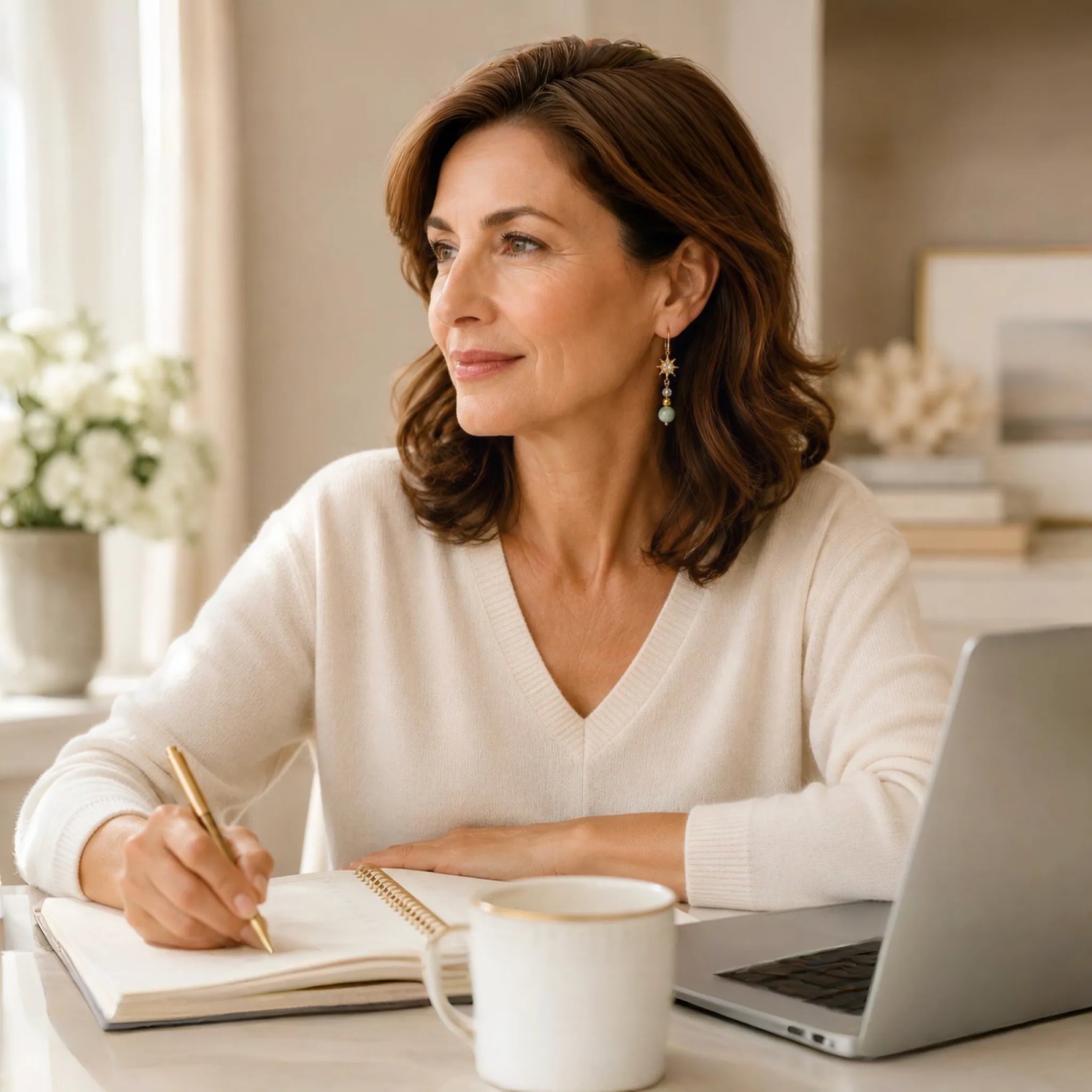 Woman wearing Quianna lucky jade drop earrings while working in a refined professional setting, demonstrating elegant everyday wear and handcrafted Canadian jewellery.