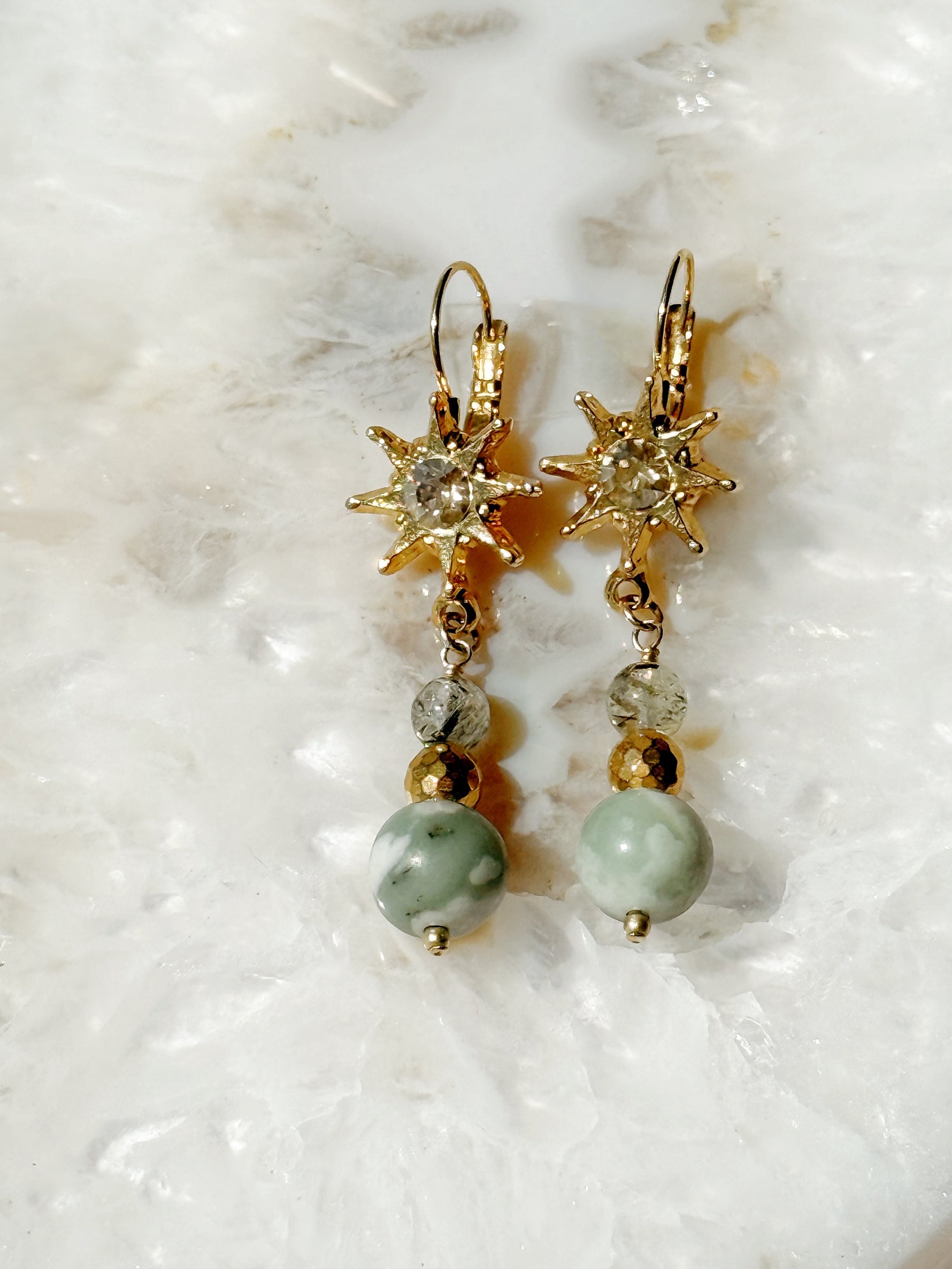 Close-up of Quianna jade earrings with green lucky jade gemstone, faceted gold hematite, and sunburst crystal accent, handcrafted in Canada by Carabella by Cheryl
