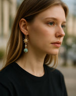 Handcrafted Quianna jade drop earrings worn on model featuring green lucky jade gemstones, gold sunburst design, and elegant artisan detailing by Carabella by Cheryl