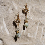 Pair of Quianna jade earrings featuring green lucky jade, gold hematite, tourmalated quartz, and radiant sunburst crystal design handcrafted by Carabella by Cheryl