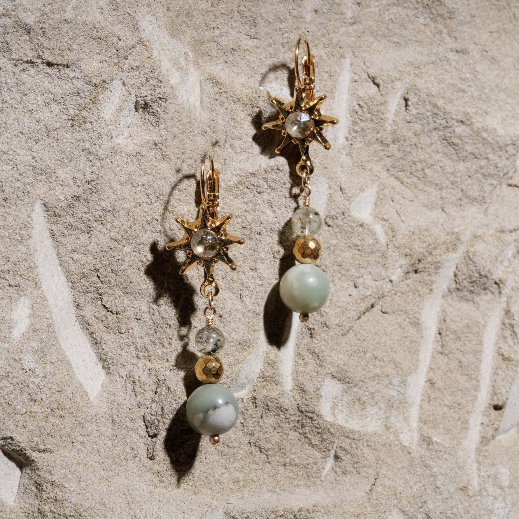 Pair of Quianna jade earrings featuring green lucky jade, gold hematite, tourmalated quartz, and radiant sunburst crystal design handcrafted by Carabella by Cheryl