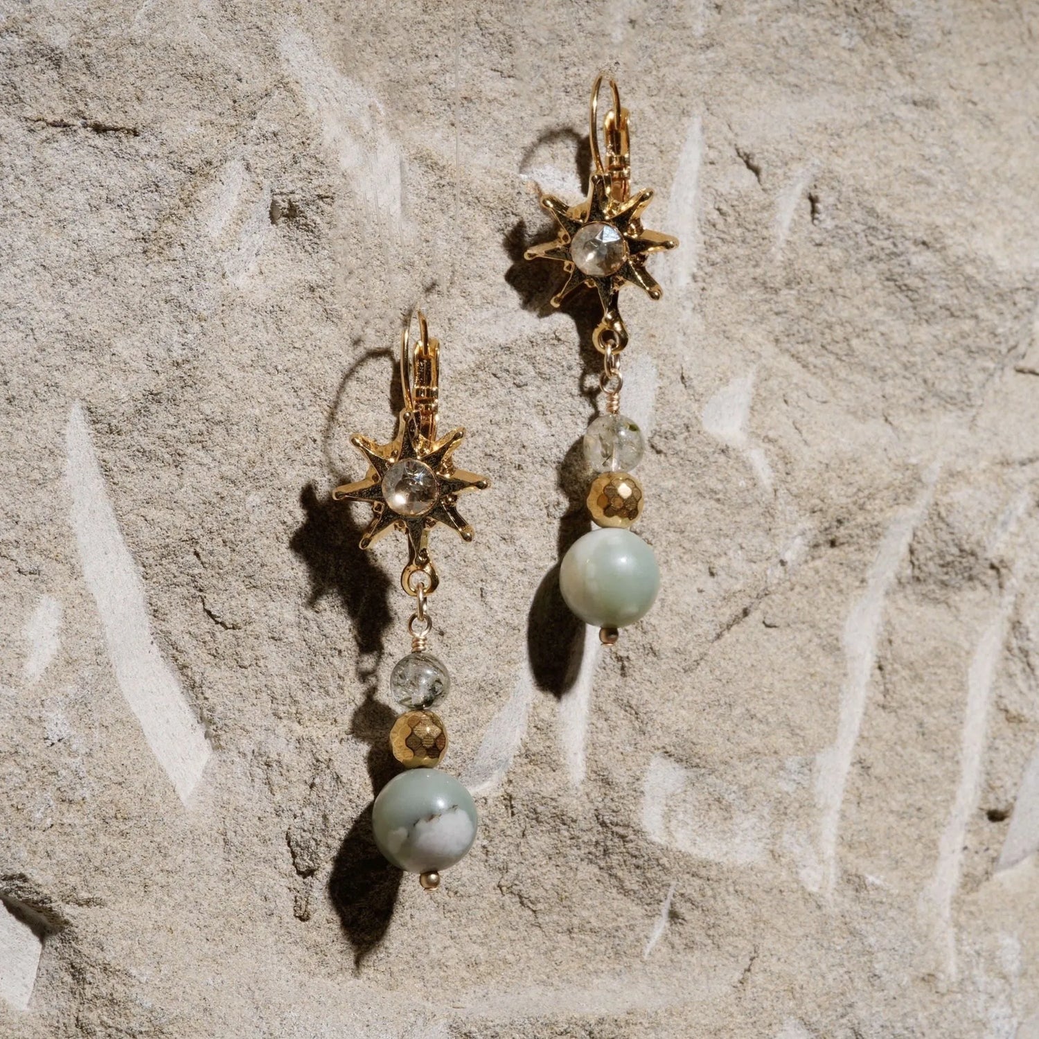Pair of Quianna jade earrings featuring green lucky jade, gold hematite, tourmalated quartz, and radiant sunburst crystal design handcrafted by Carabella by Cheryl