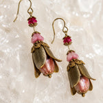 Macro detail of Tulipe Earrings highlighting Czech crystal blossoms, Austrian crystal accents, Vintaj brass tulip petals and hand-wrapped construction.