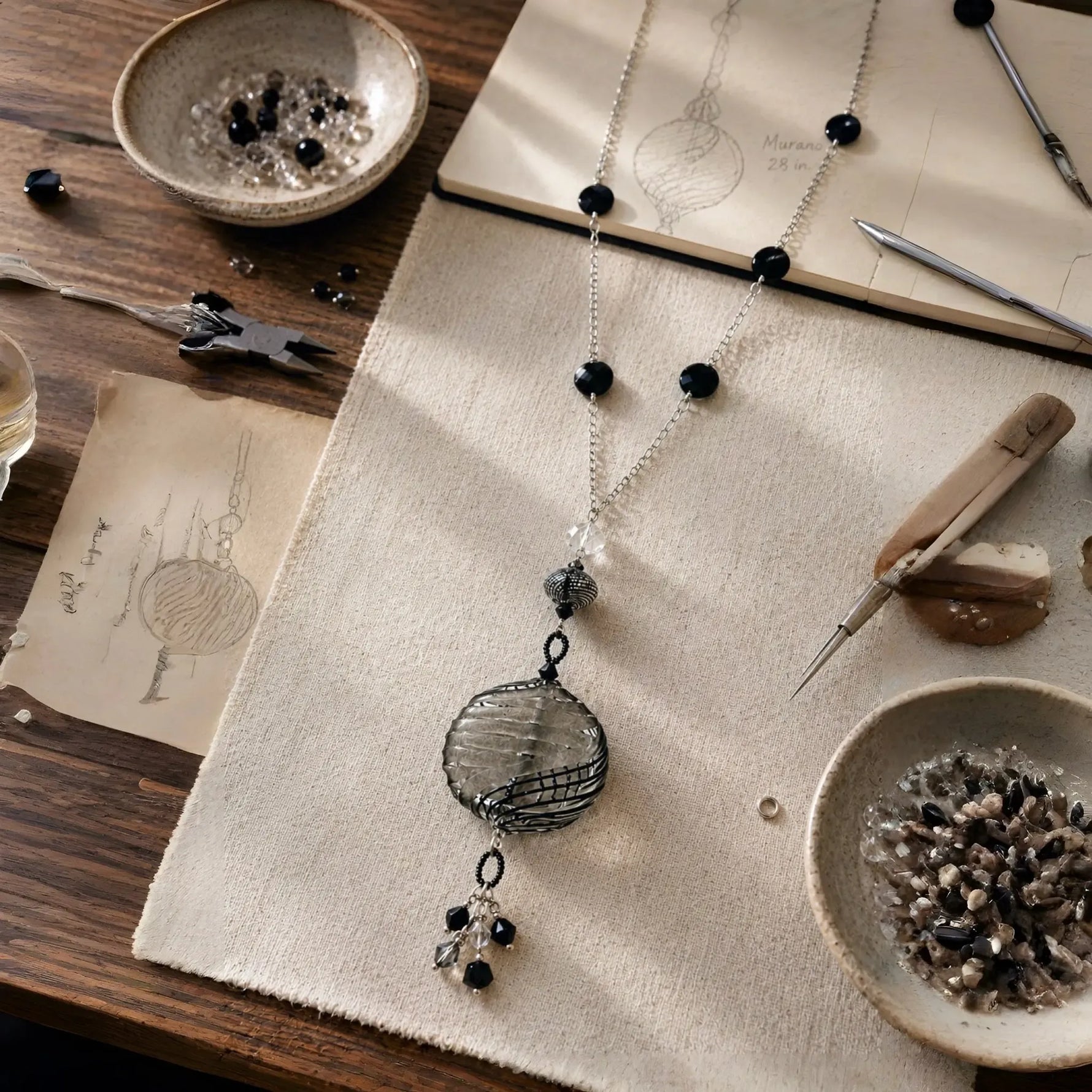 Handcrafted Venezia Murano glass necklace presented in the Carabella atelier with artisan sketches and jewellery-making tools.